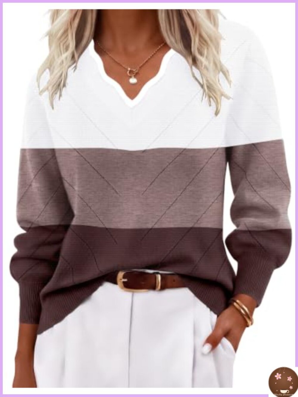 Women's Lightweight Knit Pullover V-Neck Long Sleeve Sweater Color Block